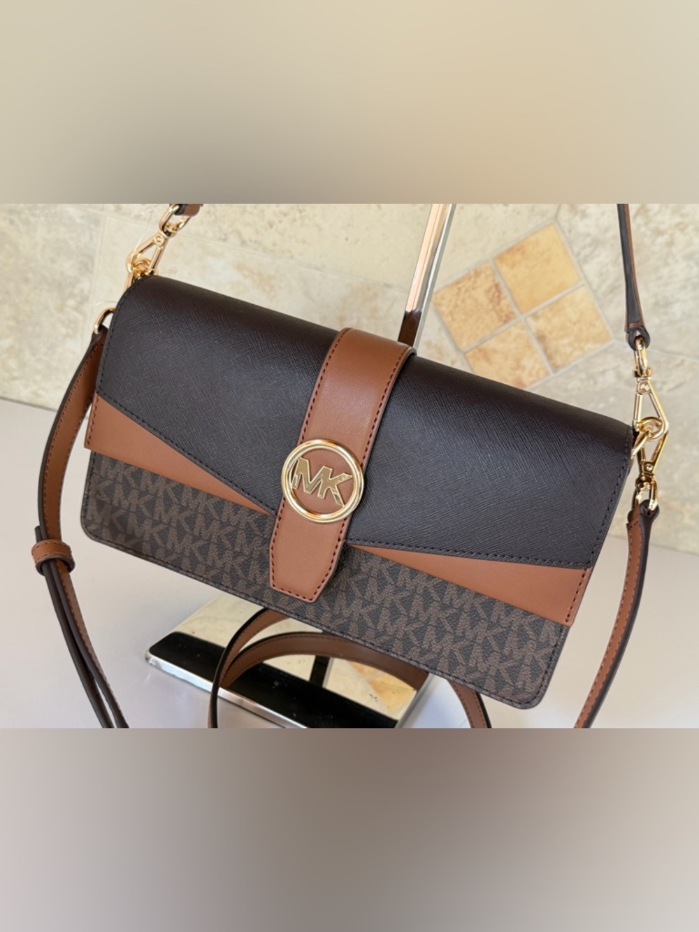 Michael Kors Greenwich MD Flap Shoulder Crossbody Bag MK Brown - Picture 12 of 12